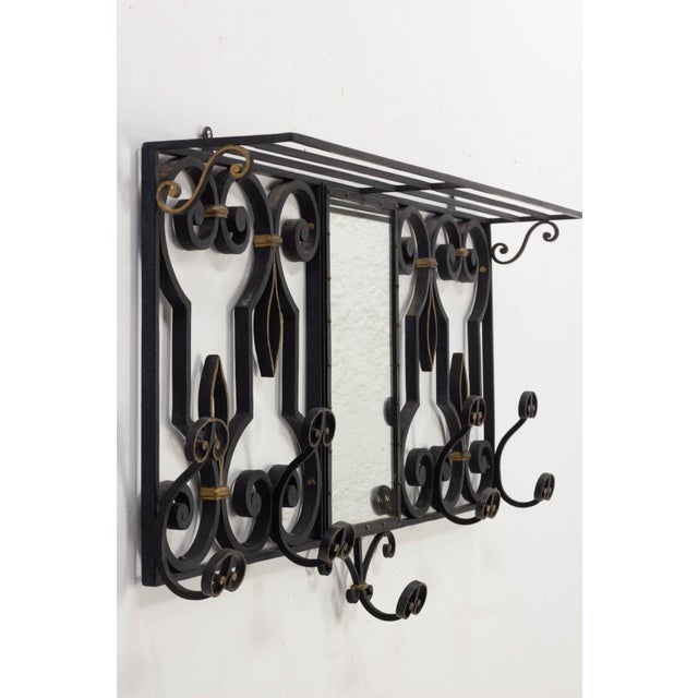 French Wall Coat Hat Rack Stand in Wrought Iron with Mirror, 1950s For Sale - Image 4 of 9