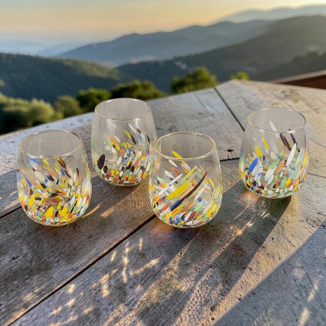 This set of four art glass confetti highball tumbler glasses is a beautiful addition to any drinkware collection. Handmade...