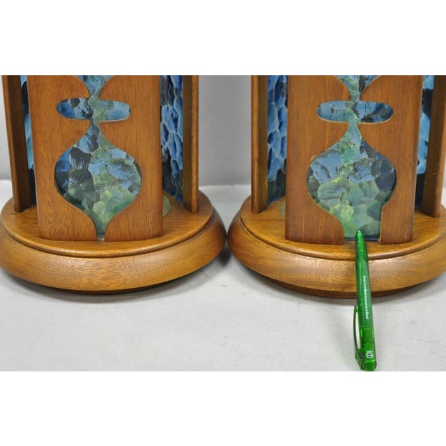 Blue Vintage Modeline Mid Century Modern Walnut & Blue Stained Glass Table Lamps Pair For Sale - Image 8 of 14