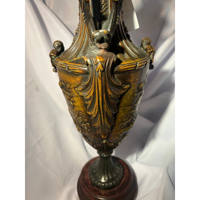 Antique Dark Patinated Brass Decorative Urn With Wood Base For Sale In Miami - Image 6 of 11