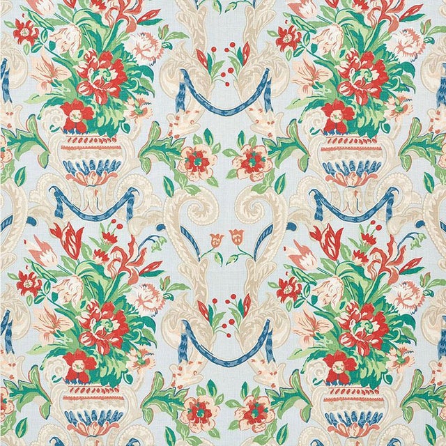 Table printed on a Linen ground, this marvelous, large-scale pattern features a romantic tangle of flowers, swags and...