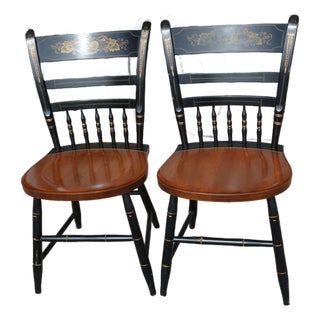 Pair of Mid 20th Century Hitchcock Black W/ Brown Seat Gold Stenciled Fruits Harvest Dining Chairs For Sale