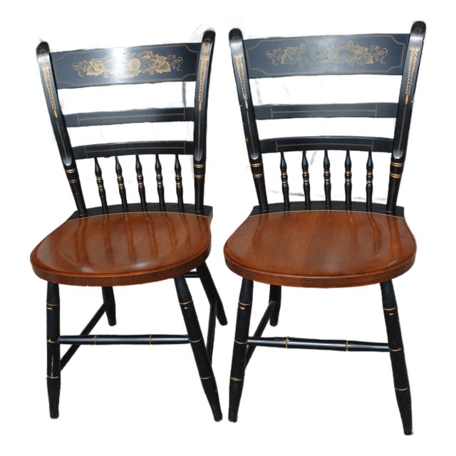 Pair of Mid 20th Century Hitchcock Black W/ Brown Seat Gold Stenciled Fruits Harvest Dining Chairs For Sale