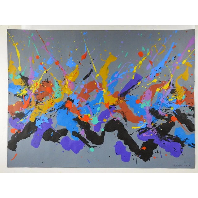 Contemporary Abstract Expressionist Jerry Adams Blue Mustard Gray Painting on Paper For Sale - Image 3 of 3
