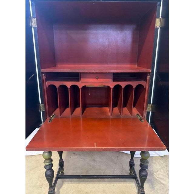 Art Deco Antique Art Deco Chinoiserie Black and Green Hand Painted Drop Front Desk For Sale - Image 3 of 14