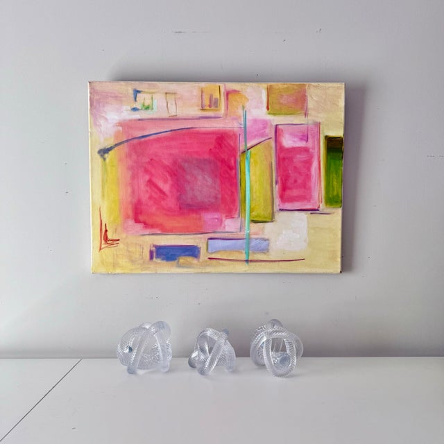 1970s 1970s Pink Green and Yellow Geometric Abstract Oil Painting on Stretched Canvas For Sale - Image 5 of 7