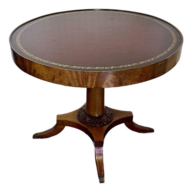 Vintage Regency-Style Drum Table With Leather Top For Sale