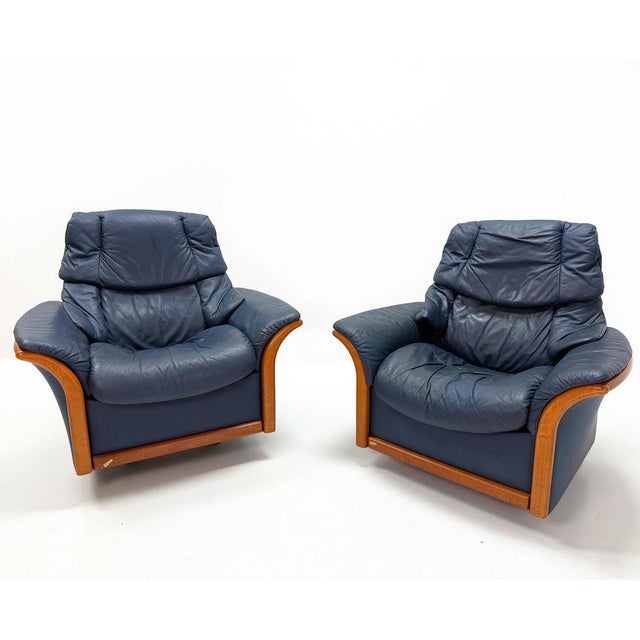 Vintage Adjustable Swivel Chairs in Blue Leather and Beech from Ekornes Stressless, 1980s, Set of 2 For Sale - Image 11 of 17
