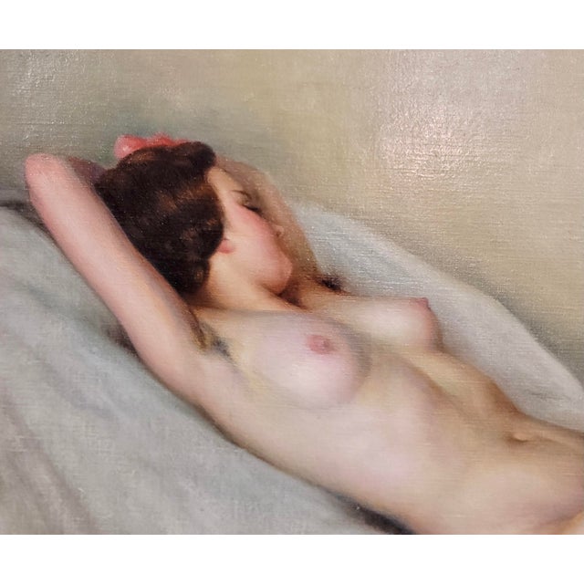1930s Charles Perron-Reclined Nude Female-1930s French Art Deco Oil Panting For Sale - Image 5 of 10