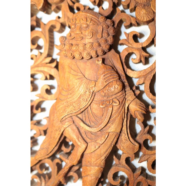 Vintage Carved Wood Balinese Figural Wall Relief Reticulated Sculpture Plaque For Sale - Image 9 of 12