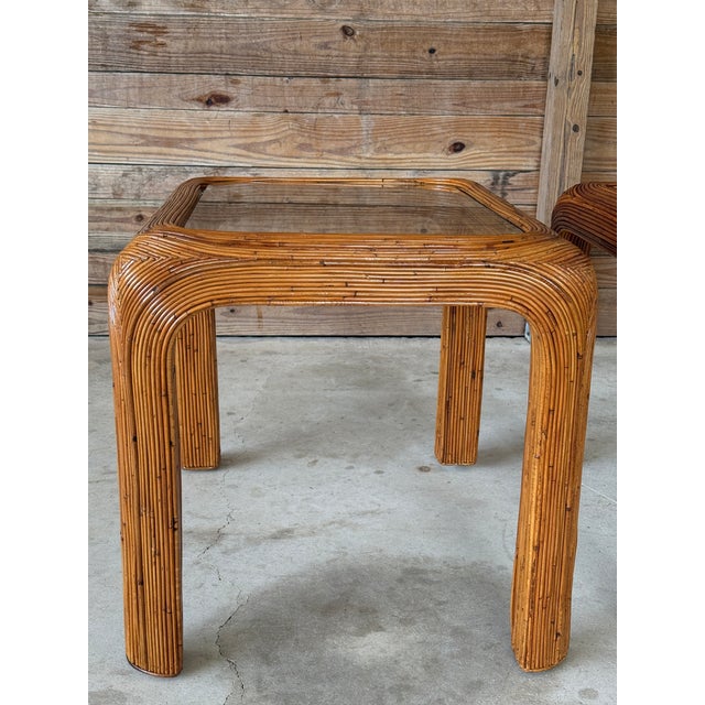 Mid-Century Modern Mid-20th Century Restored Pencil Reed Rattan Side Tables With New Glass – Pair For Sale - Image 3 of 12