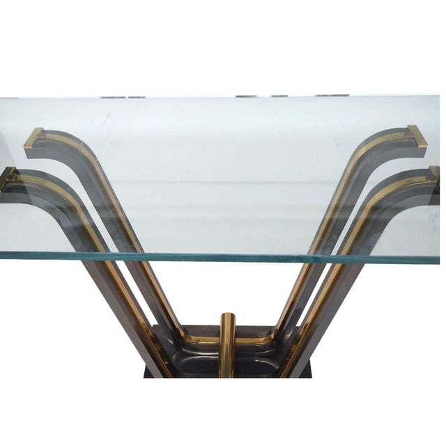 Art Deco Style Two Tone Console Table With Brass Accents and Glass Top For Sale - Image 4 of 4