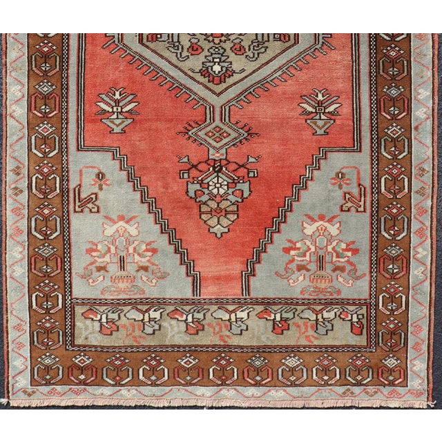 Vintage Turkish Oushak Rug With Coral, Ice Blue, and Soft Mocha Tones 4'1"x7'7" For Sale In Atlanta - Image 6 of 13
