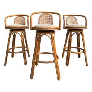 Vintage Organic Modern Swivel Rattan Cane Bar Stools, Set of 3 For Sale