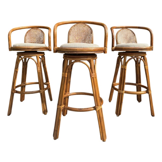 Vintage Organic Modern Swivel Rattan Cane Bar Stools, Set of 3 For Sale