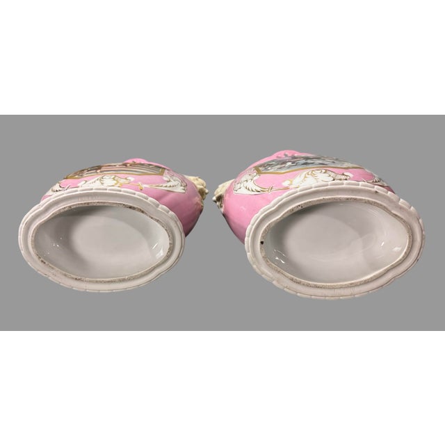 Pink Pair of Antique Old Paris Porcelain Scenic & Gilt Decorated Handled 13.5" Vases For Sale - Image 8 of 11