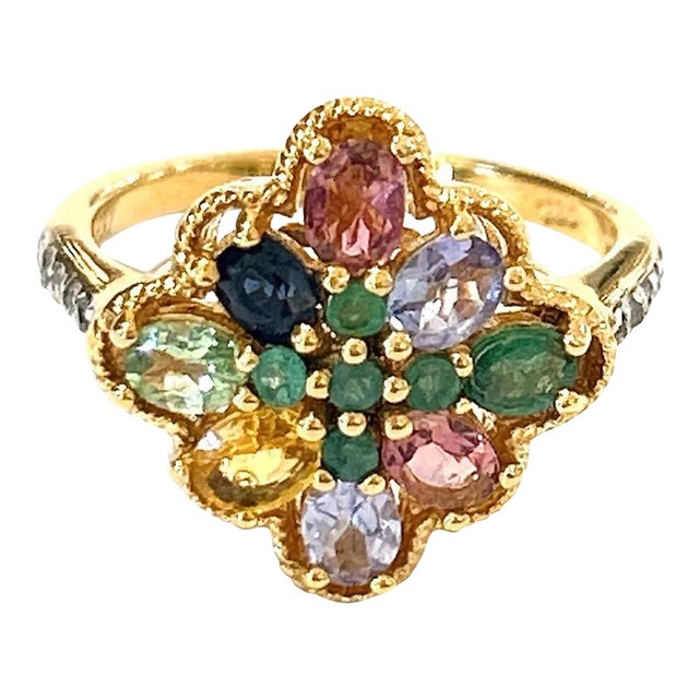 Bochic “Orient” Diamond & Multi Sapphire Vintage Cluster Ring Set 18k & Silver Size 4.5 For Sale