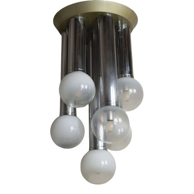 Suspension Chandelier With 7 Lights in Satin Glass, Italy, 1970s For Sale