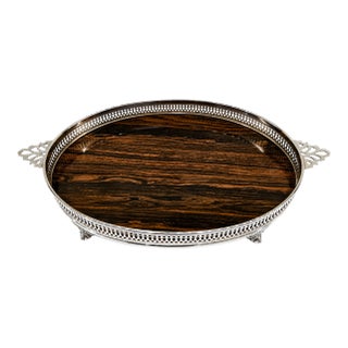 Mid Century Sheffield Silver Co. Formica Laminate Footed Serving Tray, Wood-Grain, Silverplate Gallery For Sale