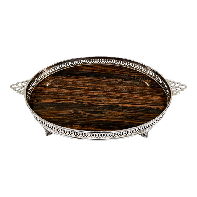 Mid Century Sheffield Silver Co. Formica Laminate Footed Serving Tray, Wood-Grain, Silverplate Gallery For Sale