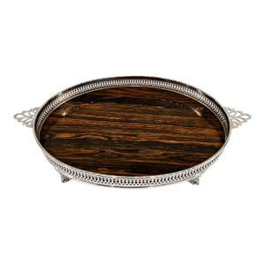Mid Century Sheffield Silver Co. Formica Laminate Footed Serving Tray, Wood-Grain, Silverplate Gallery