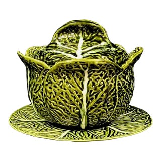 Majolica Cabbage Leaf Soup Tureen With Lid and Underplate For Sale