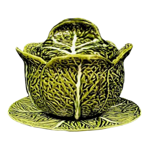 Majolica Cabbage Leaf Soup Tureen With Lid and Underplate