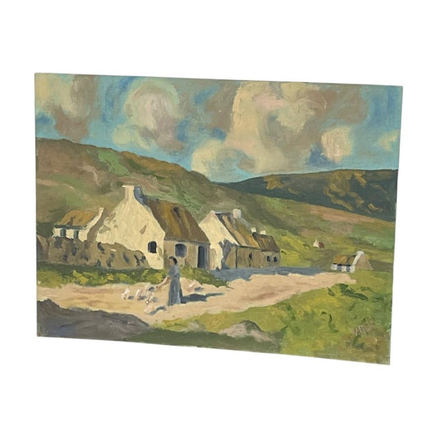 Landscape painting on canvas depicting a rural European village with whitewashed cottages, rolling green hills, and a...