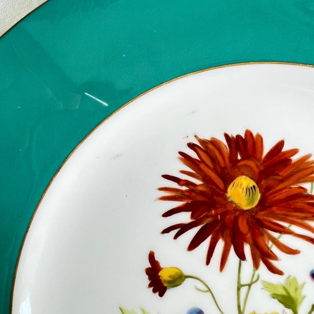1940s Rare set of hand-painted Minton floral dinner plates with aqua band and gilt rim // signed by artist J Colclough // set of 11 For Sale - Image 9 of 10