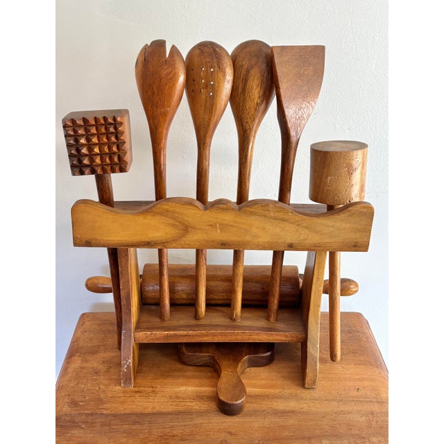 Brown Late 20th Century Workshop-Made Wooden Utensils With Holder - 9 Pieces For Sale - Image 8 of 8