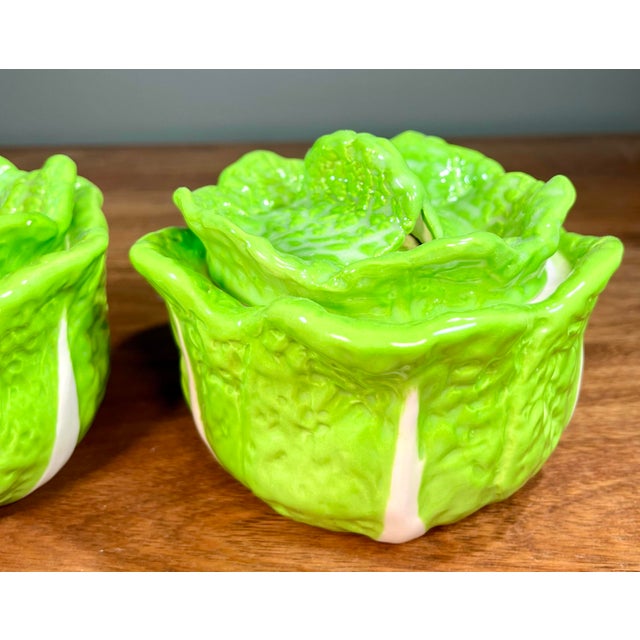 Vintage Green Cabbage Lidded Pottery Bowls - a Pair For Sale - Image 4 of 9