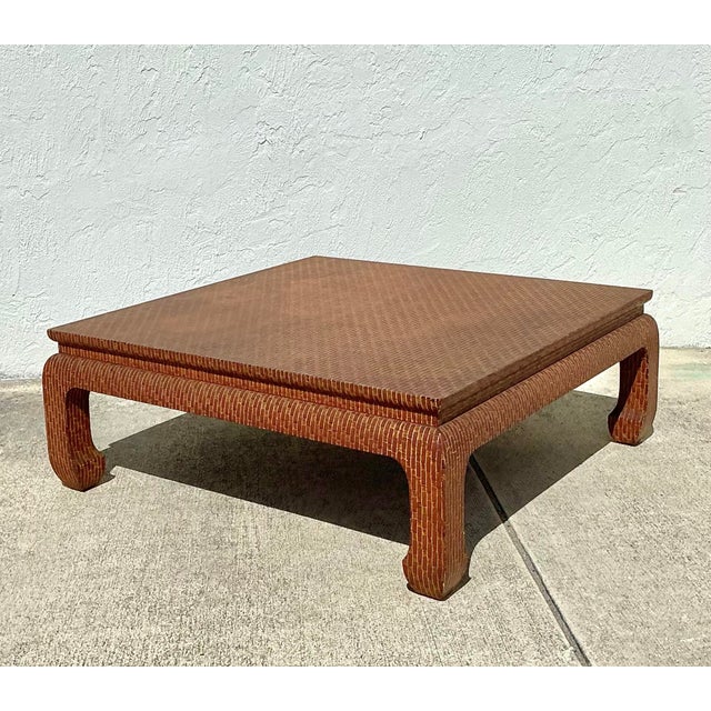 Wood Vintage Baker Wrapped Raffia Ming Coffee Table For Sale - Image 7 of 12