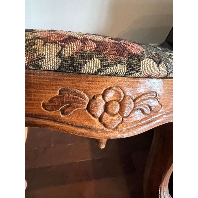 Mid 20th Century Vintage Carved Wood Footstool With Floral Tapestry Upholstery For Sale - Image 5 of 12