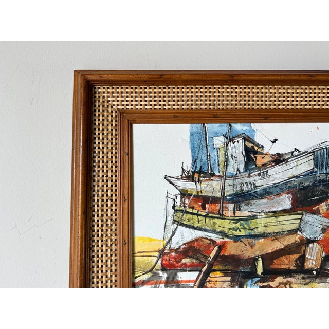 Textile Vintage Boat in Harbor Oil Painting, Signed For Sale - Image 7 of 12
