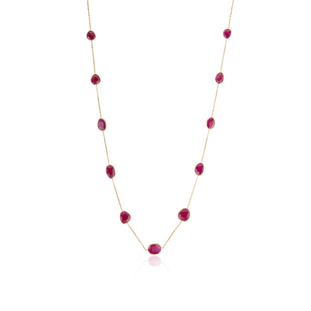 Metal 14k Gold 6.95ct Natural Mozambique Ruby Bezel Station Modern Necklace For Sale - Image 7 of 17