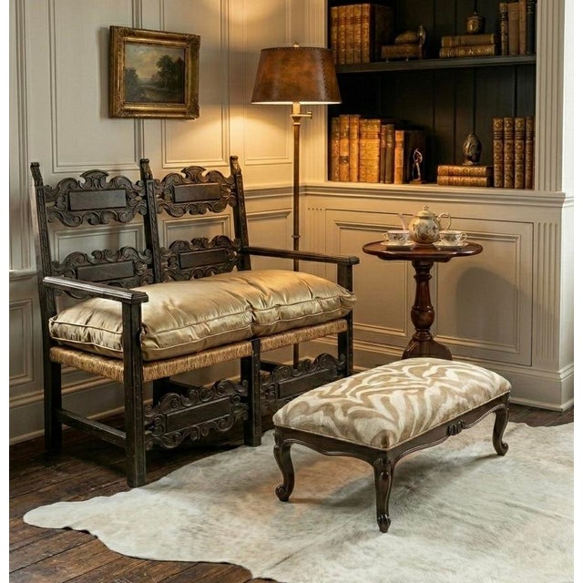 French Early French Louis XV Style Carved Walnut Bench / Ottoman in Zebra Velvet For Sale - Image 3 of 8