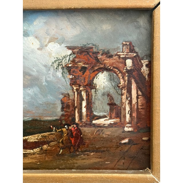 Antique Italian Capriccio Framed Oil Painting of Landscape With Ruins Attributed to Francesco Guardi For Sale - Image 9 of 11