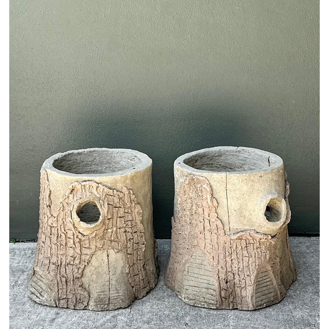 Handcrafted Faux Bois Cement Planters - A Pair For Sale - Image 15 of 18