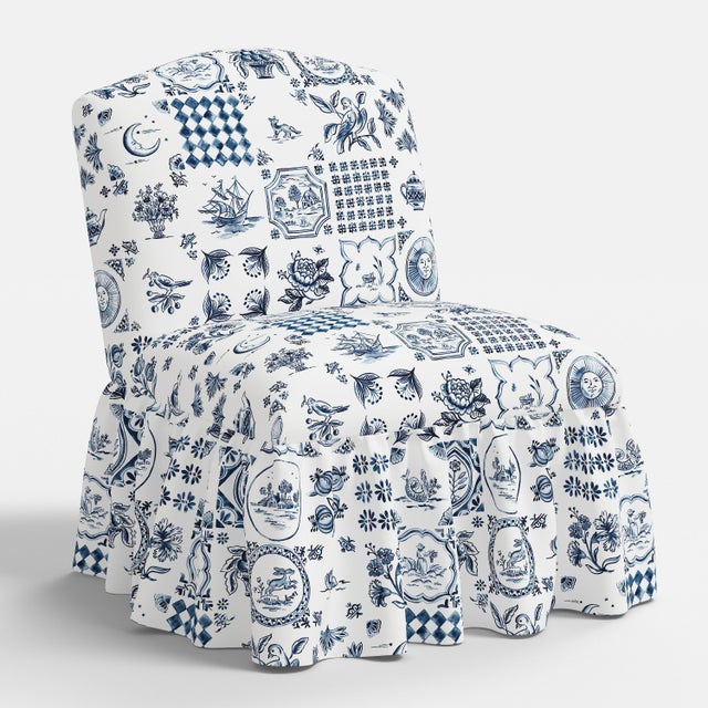 Textile Ashburn Ruffle Slipper Chair in Delft Print For Sale - Image 7 of 7
