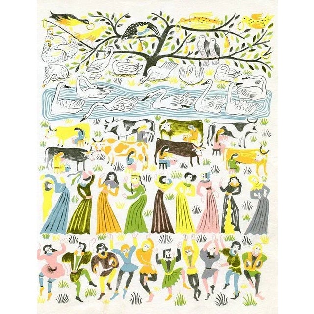 Original lithograph from a mid-century folio illustrating the English carol “The Twelve Days of Christmas”. Shown is the...