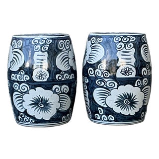 Vintage Glazed Ceramic Floral Garden Stools - A Pair For Sale