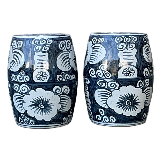 Vintage Glazed Ceramic Floral Garden Stools - A Pair For Sale