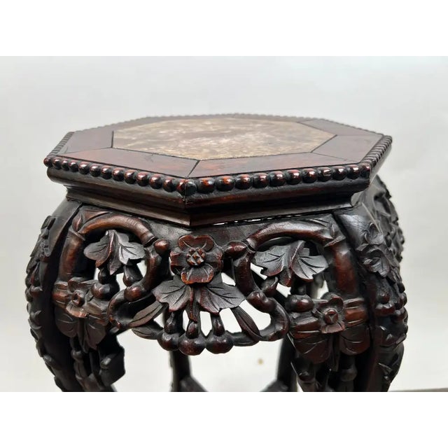 Antique Chinese Rosewood Hand Carved Octagonal W Marble Insert Pedestal or Table For Sale - Image 9 of 13