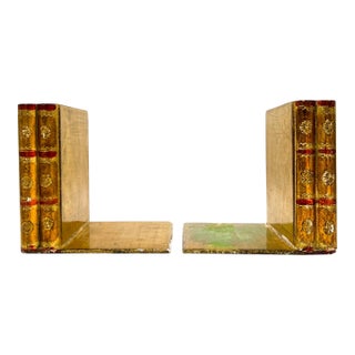 Pair of Vintage Italian Florentine Giltwood Bookends | Faux Book Spine Design - Mid- Century, Shabby Chic, Neoclassical, Library For Sale