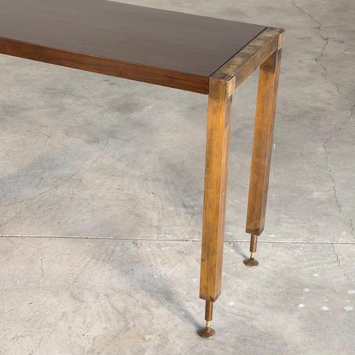 Mid-Century Italian Walnut Vanity Console with Brass Legs and Circular Mirror, 1950s For Sale - Image 15 of 17
