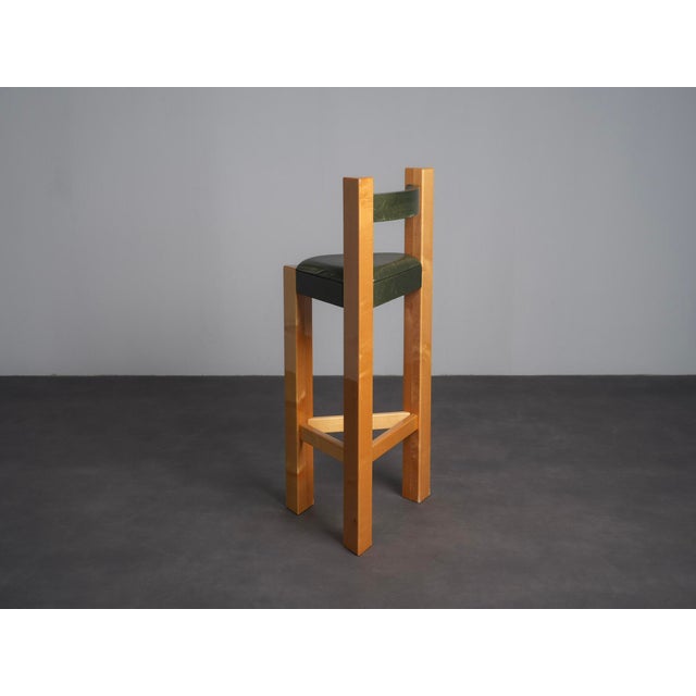 Wood Architectural Wood and Leather Bar Stools, Netherlands, 1990s, Set of 3 For Sale - Image 7 of 11