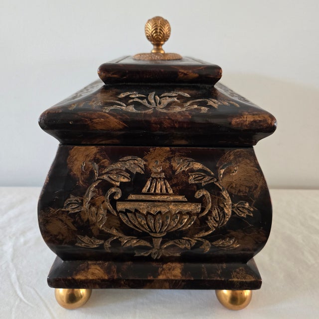 1980s 1980s Maitland Smith Ornate Hinged Mahogany Chest With Brass Ball Feet Leaf Finnial For Sale - Image 5 of 18