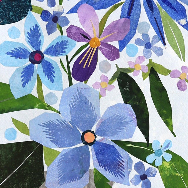 Blue Flowers From the Garden - Still Life Collage Mixed Media Artwork on Paper Original Artwork by Maria C Bernhardsson For Sale - Image 4 of 7