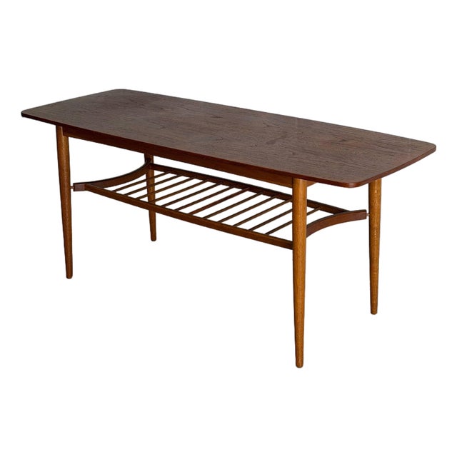 Teak Coffee Table With Slatted Lower Shelf and Tapered Legs Denmark 1960s For Sale
