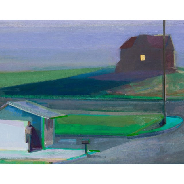 Contemporary Evening Shed by Hiroshi Sato | Oil on canvas Landscape with shed and house at dusk For Sale - Image 3 of 5